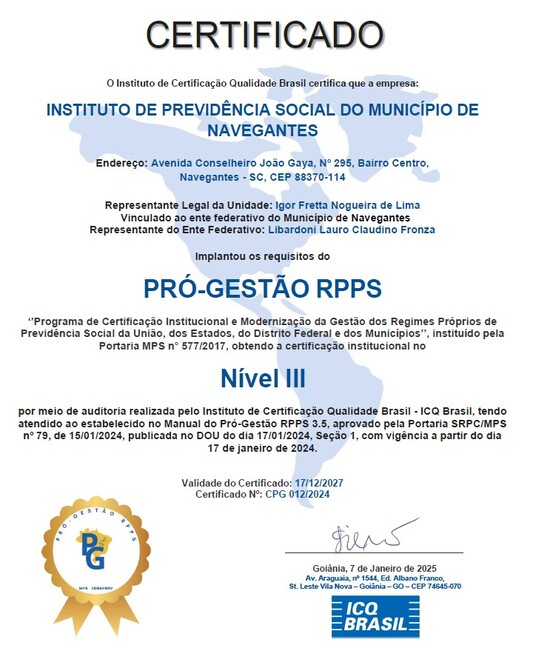 NavegantesPrev Conquista Certificação Nível III do Pró-Gestão RPPS